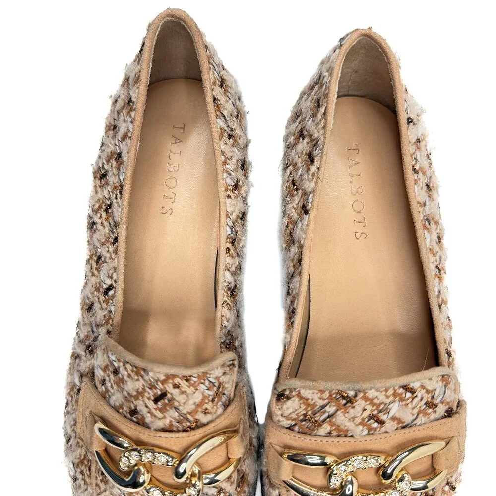 Talbots Leighton Chain Metallic Boucle Tweed Loafers Café Ivory Sz 8 1/2M - NWOT